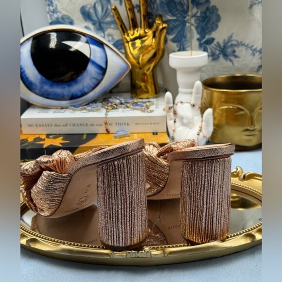 🆕 LOEFFLER RANDALL 🧿 NWOB Penny Metallic Rose Gold Pleated Bow Mule Heel, Sz 7 - Picture 11 of 14